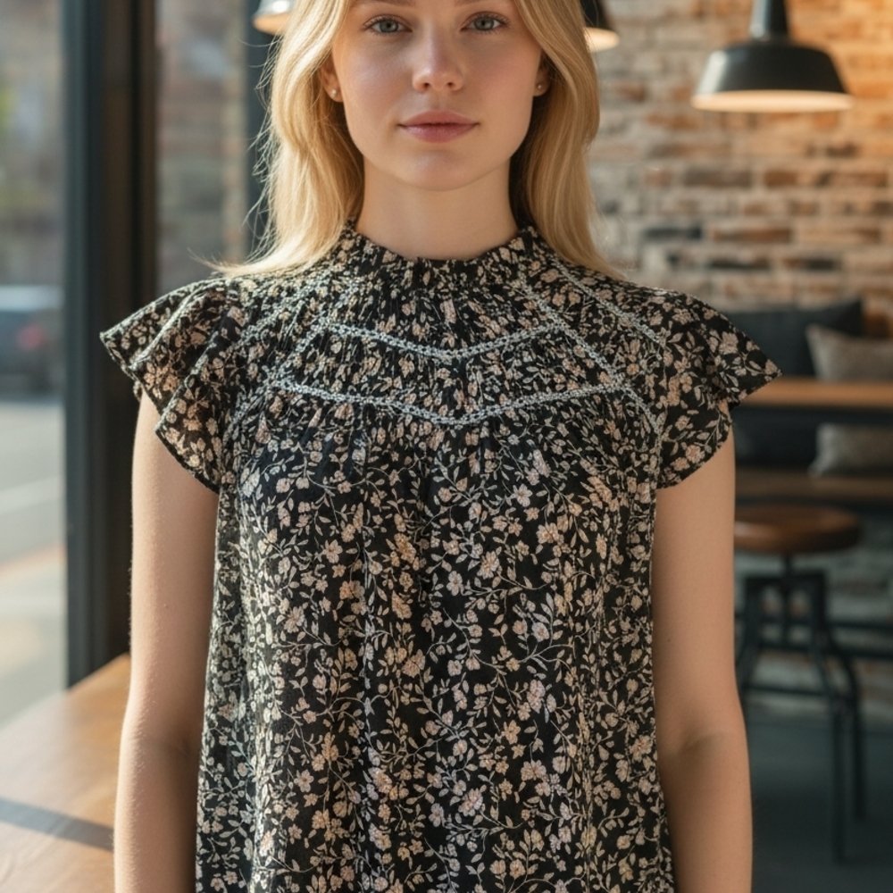 Mine Black and Cream Floral Blouse